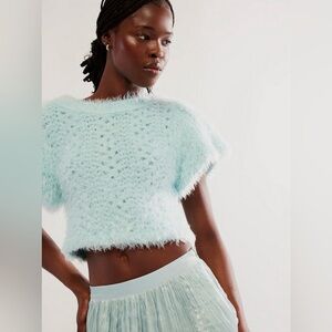 Free People Sweet Deets Pullover Short Sleeve Sweater Salt Air Combo Medium NWT